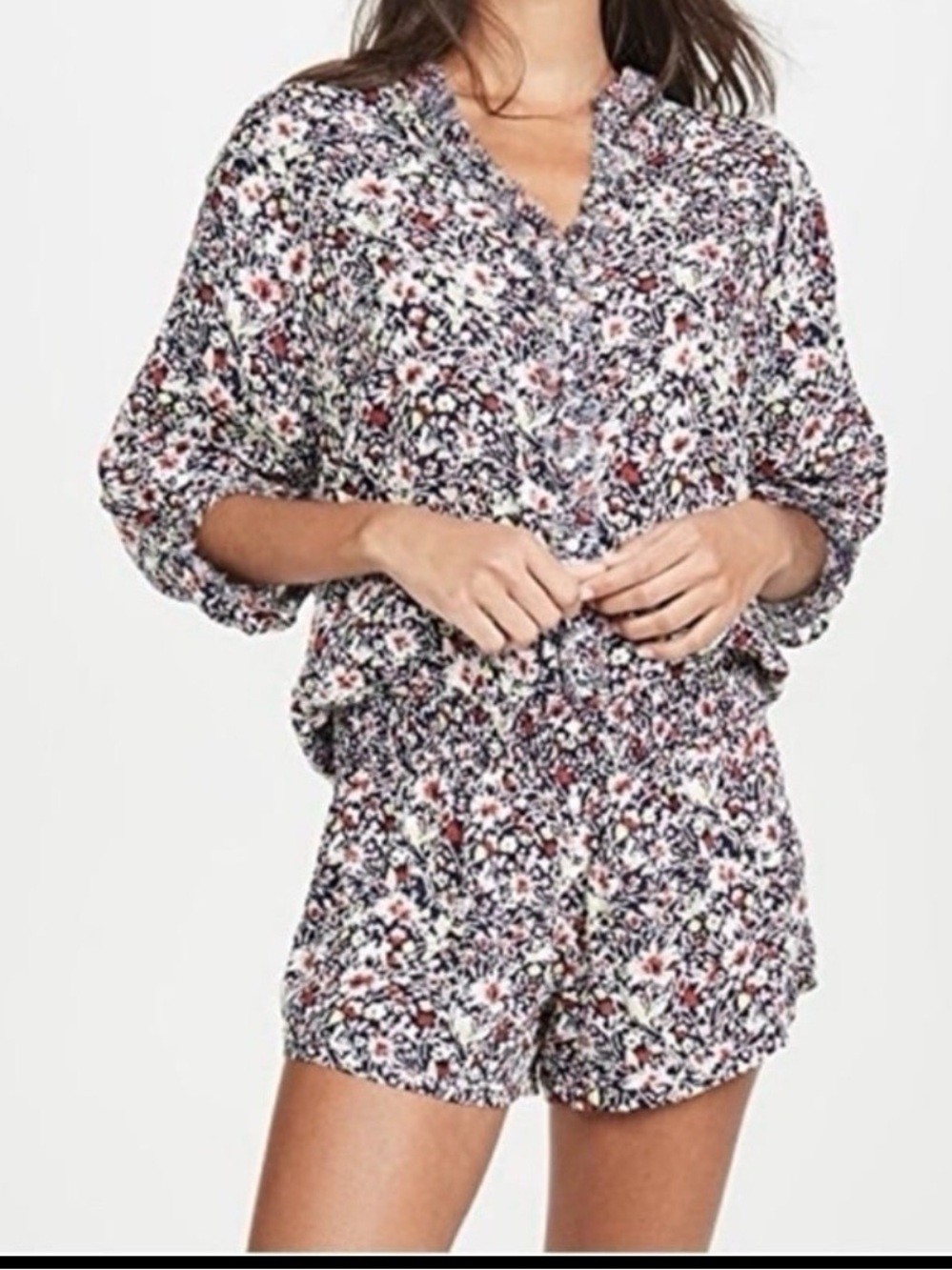 Poupette St Barth Floral Smocked Waist Romper Size Small Black Multicolor Viscos